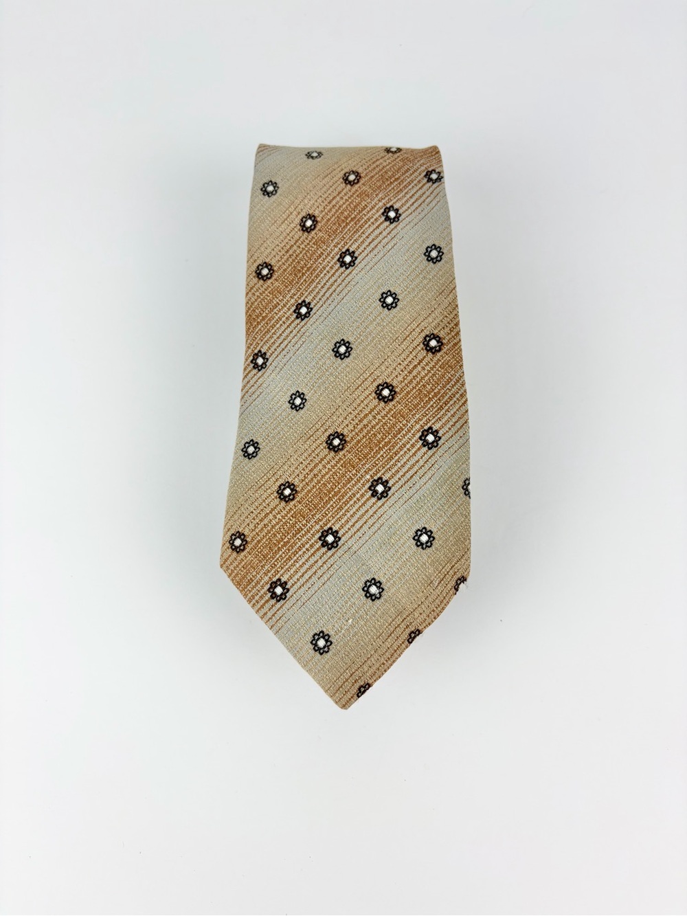 San-Remo Tan Brown Gradient Stripe Micro Daisy Polka Dot Mens Neck Tie Vintage